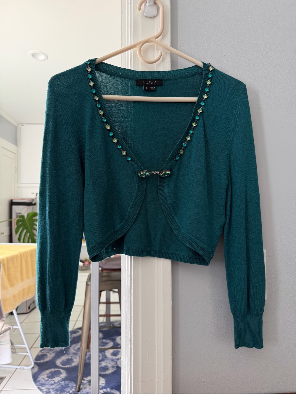 Teal Beaded Cropped Cardigan